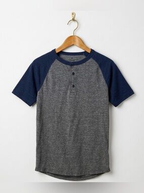 American Eagle 90s Henley Baseball Raglan Tee Gray Navy Colorblock Men's Small S